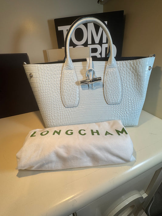Longchamp Le Roseau handbag in a white crocodile-embossed leather