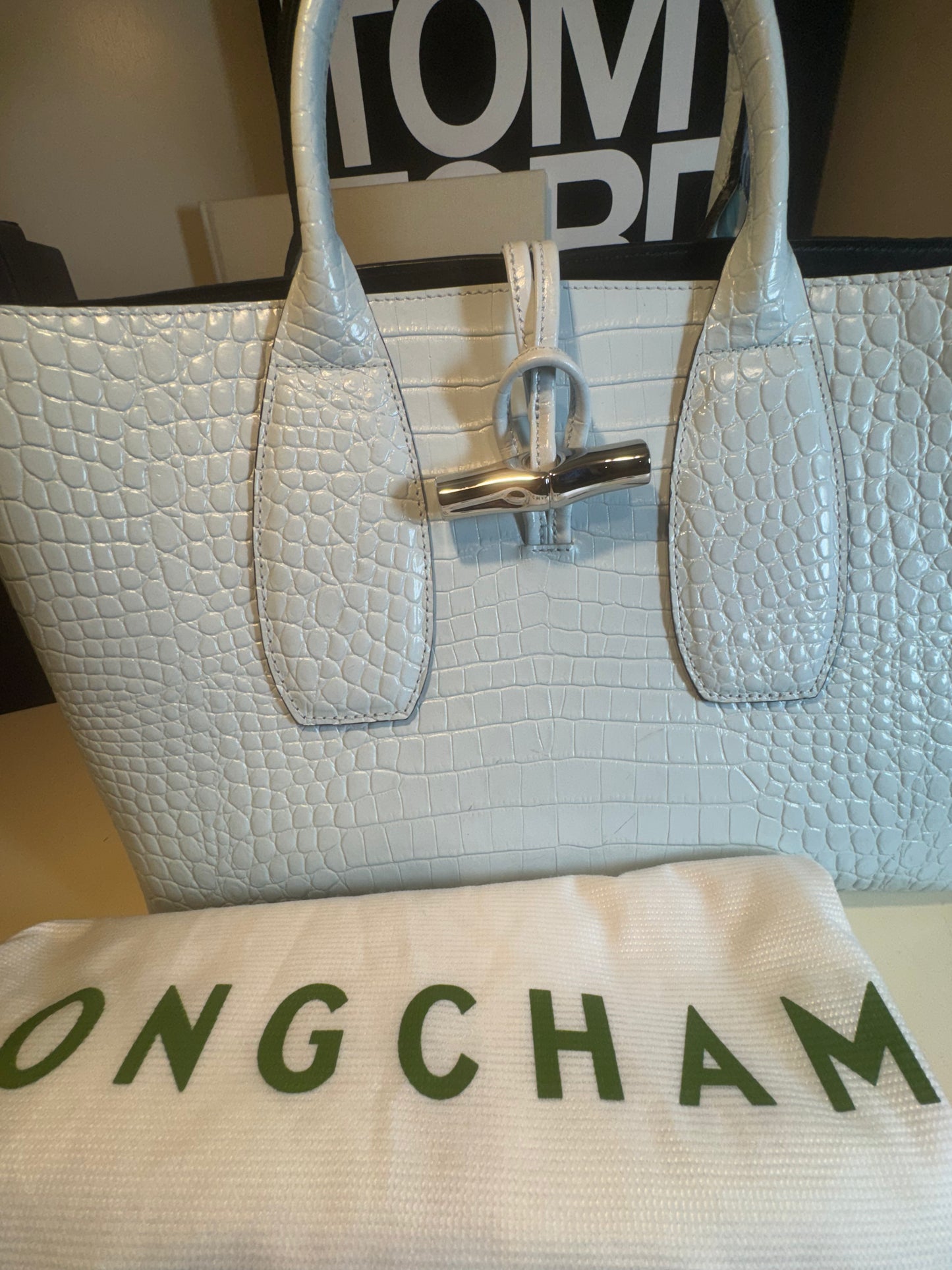 Longchamp Le Roseau handbag in a white crocodile-embossed leather
