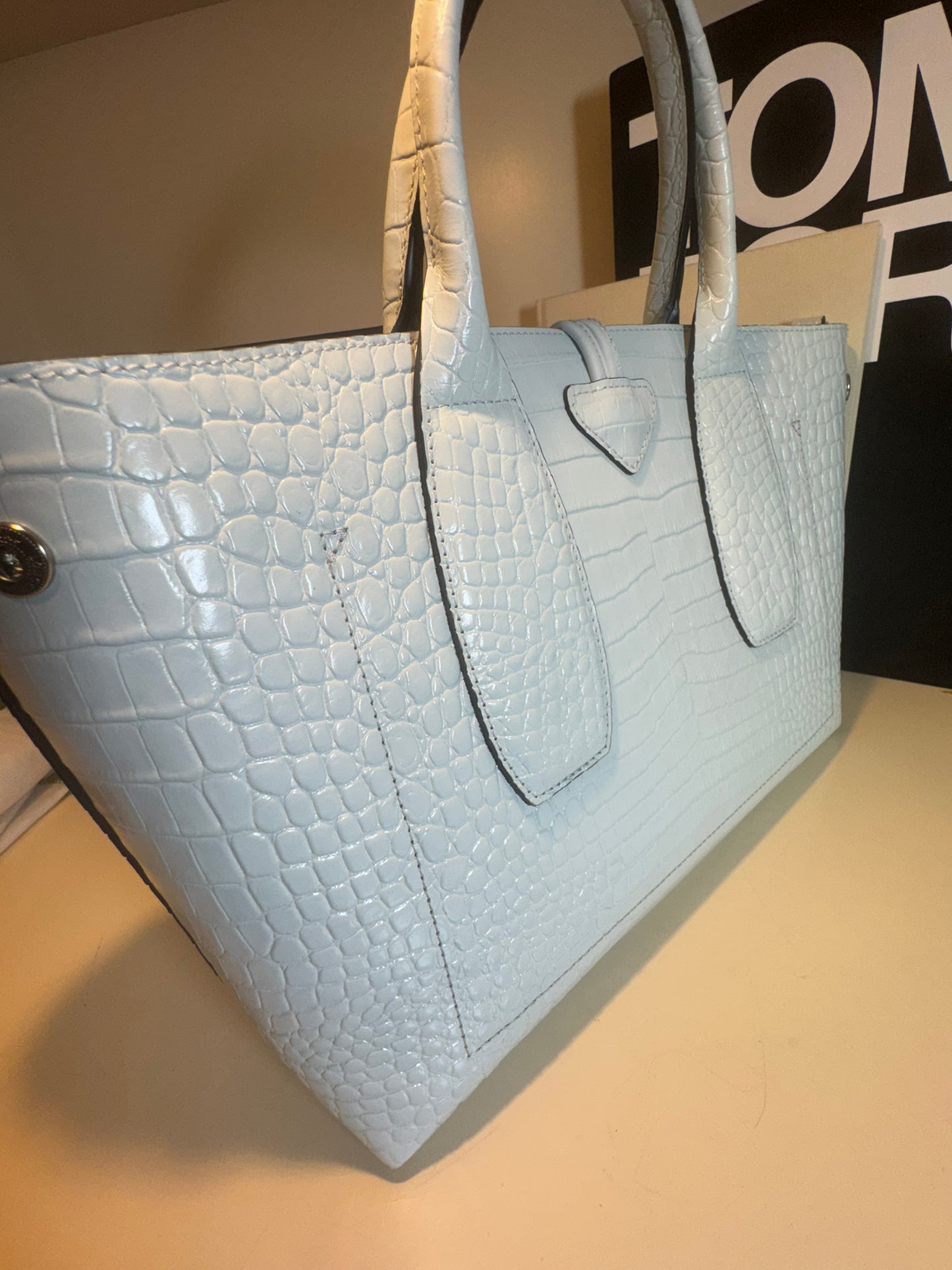 Longchamp Le Roseau handbag in a white crocodile-embossed leather