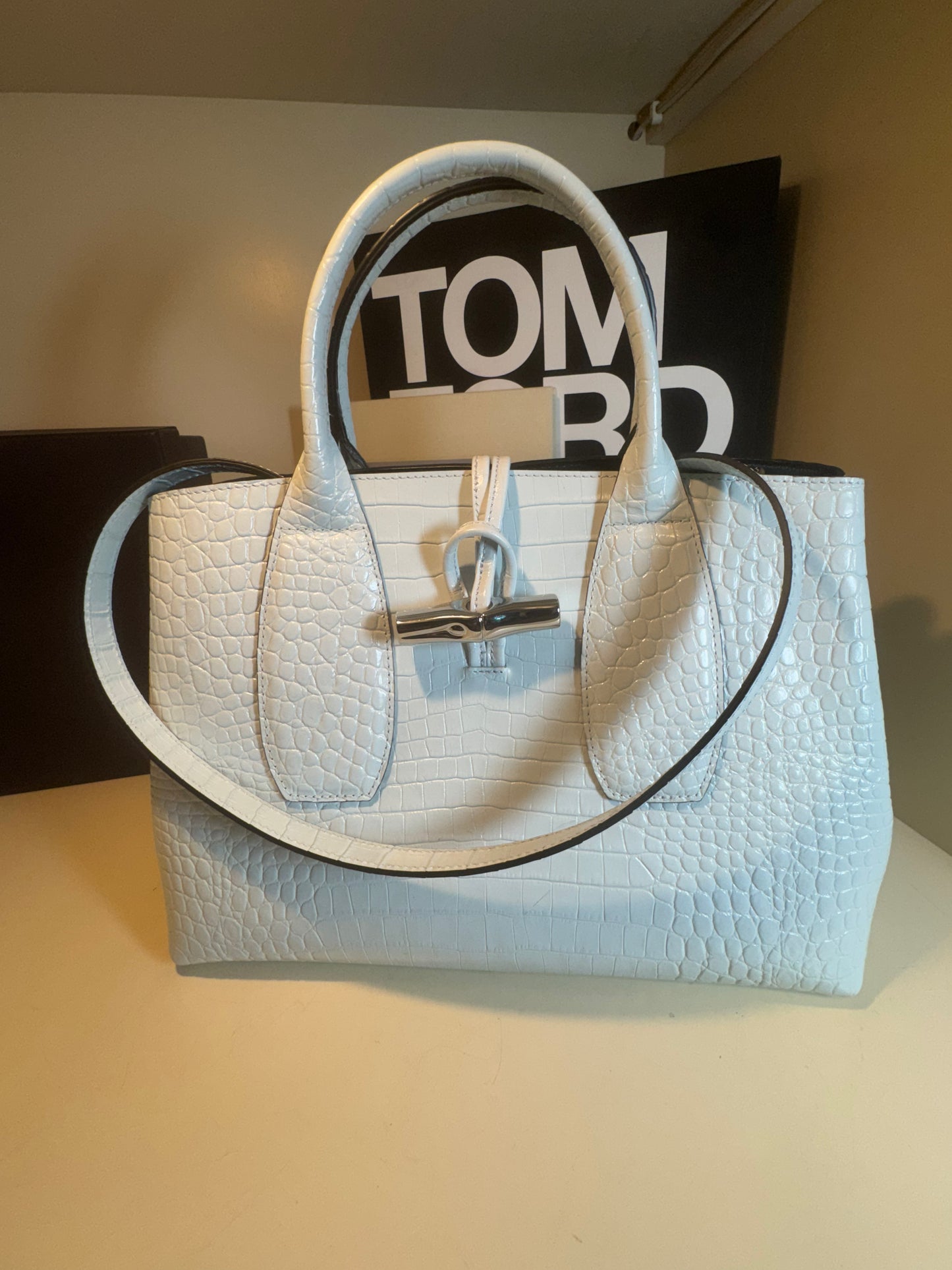 Longchamp Le Roseau handbag in a white crocodile-embossed leather
