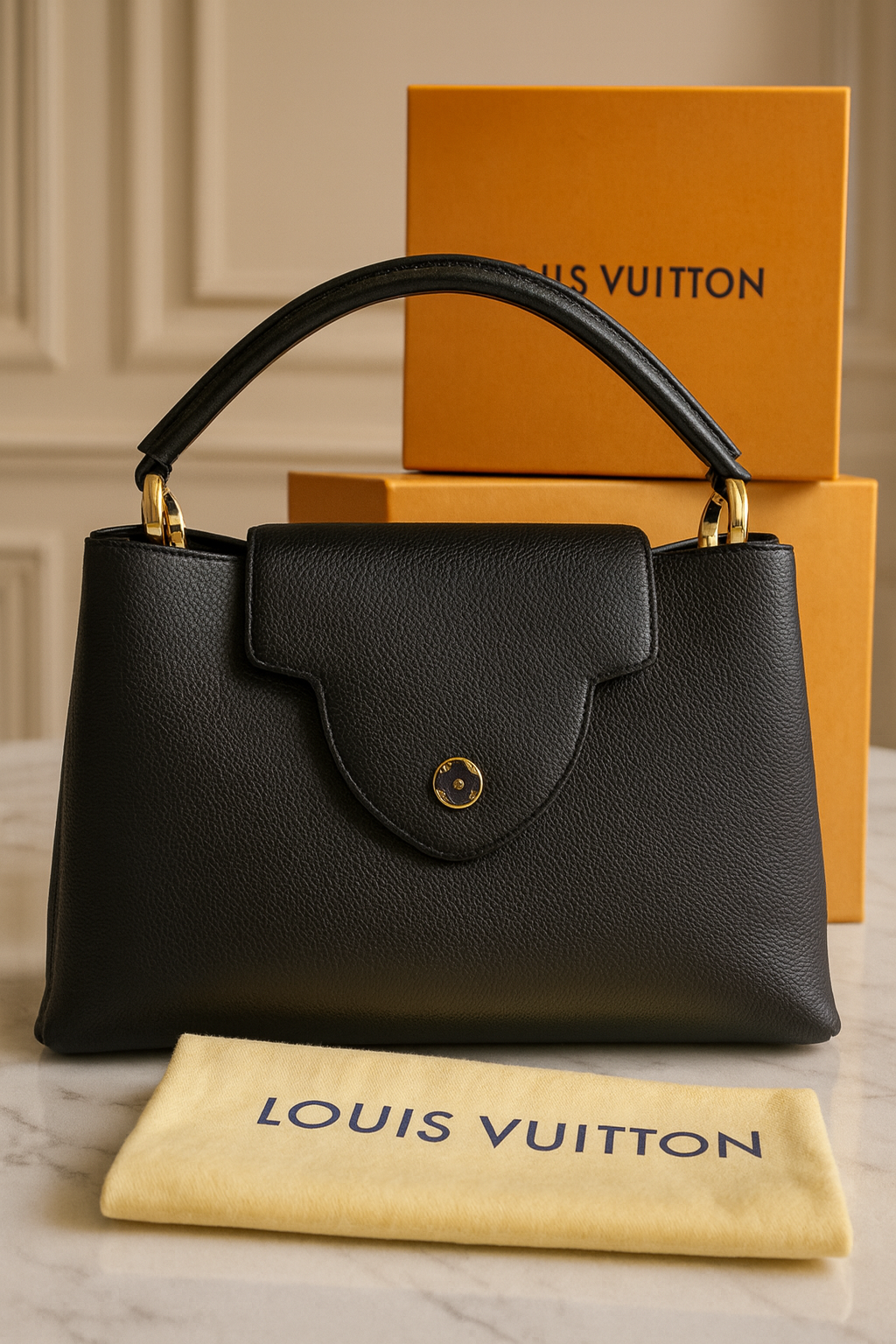 Louis Vuitton Capucines MM – Black Taurillon Leather – Full Set (Box + Dust Bag) – Elegant & Iconic