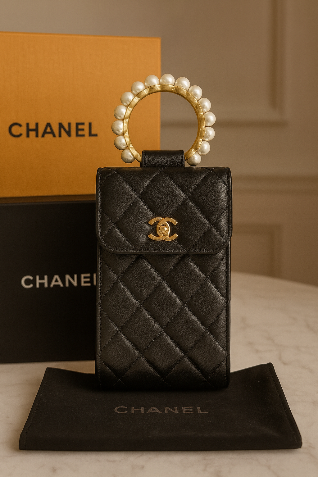 Chanel Pearl-Handle Quilted Phone Holder – Black Lambskin & Gold Hardware – Entrupy Verified